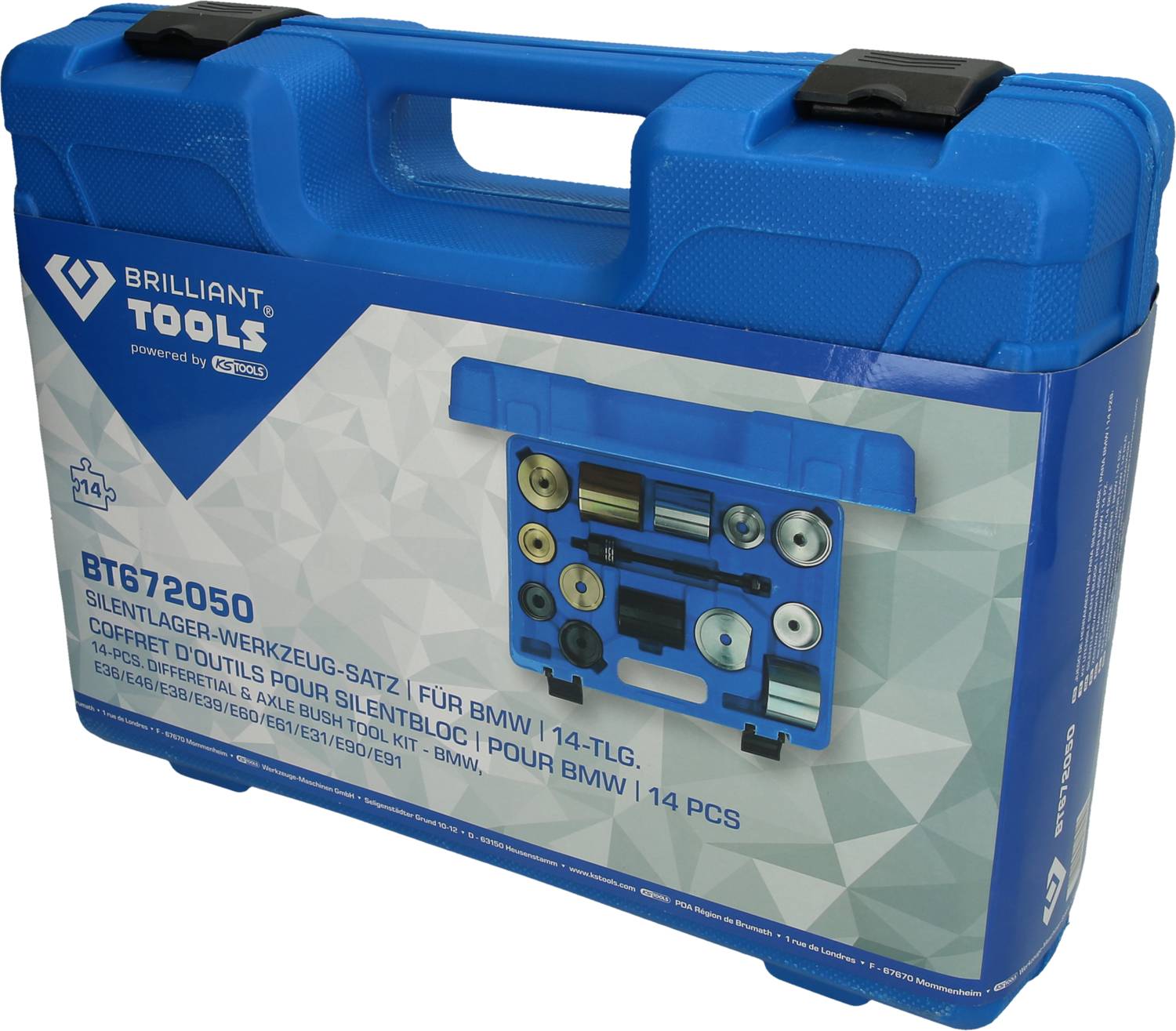 Modrý kufřík na nářadí od firmy 'Brilliant Tools', model BT672050, s 14dílnou samolepicí sadou nářadí, speciálně určenou pro BMW.