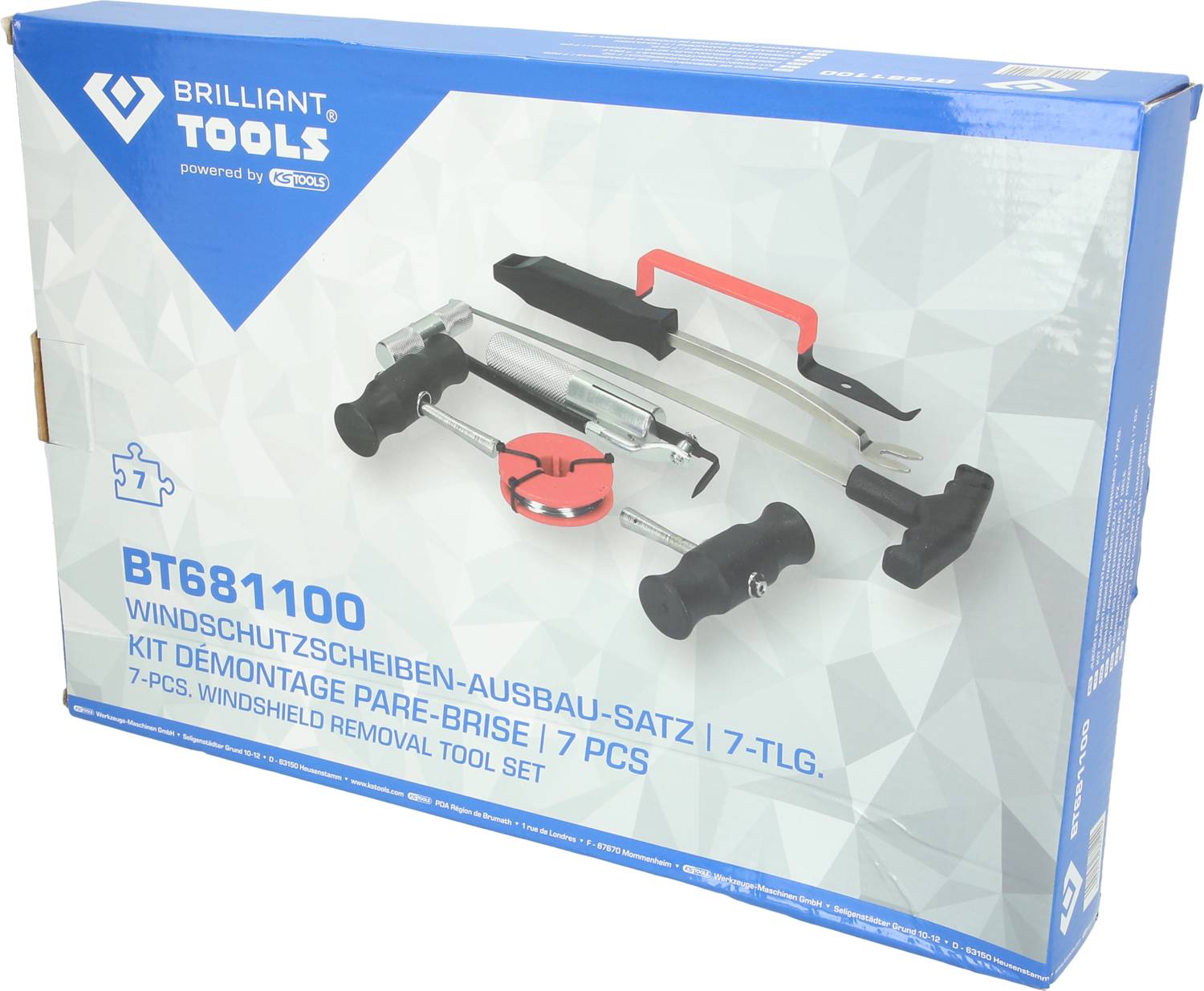 Sada nástrojů pro demontáž čelního skla 'Brilliant Tools BT681100', zobrazená s nástroji pro odstranění čelního skla. Obsahuje 7 dílů.