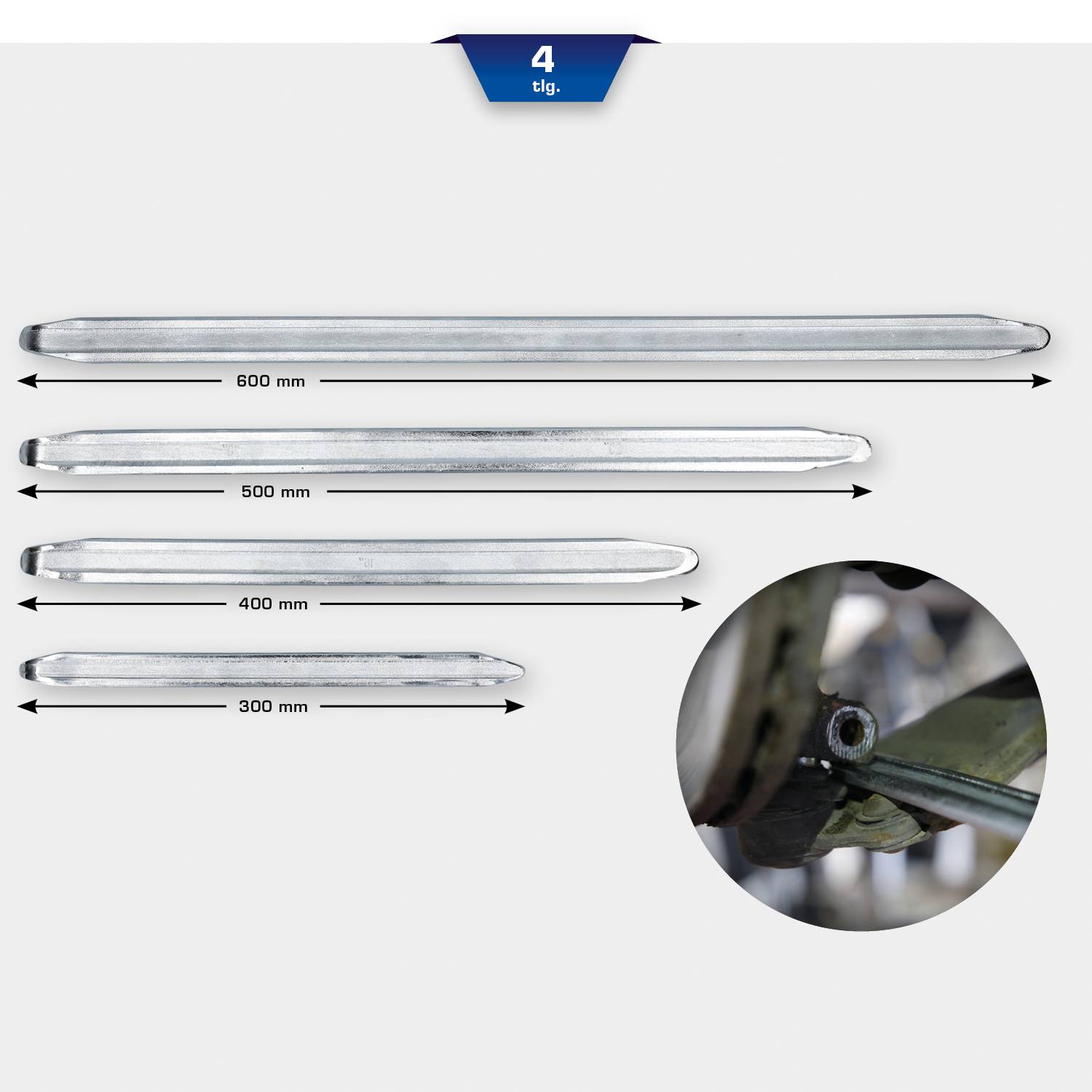 Sada čtyř prodlužovacích tyčí v různých délkách: 600 mm, 500 mm, 400 mm, 300 mm; detailní snímek ukazuje použití.
