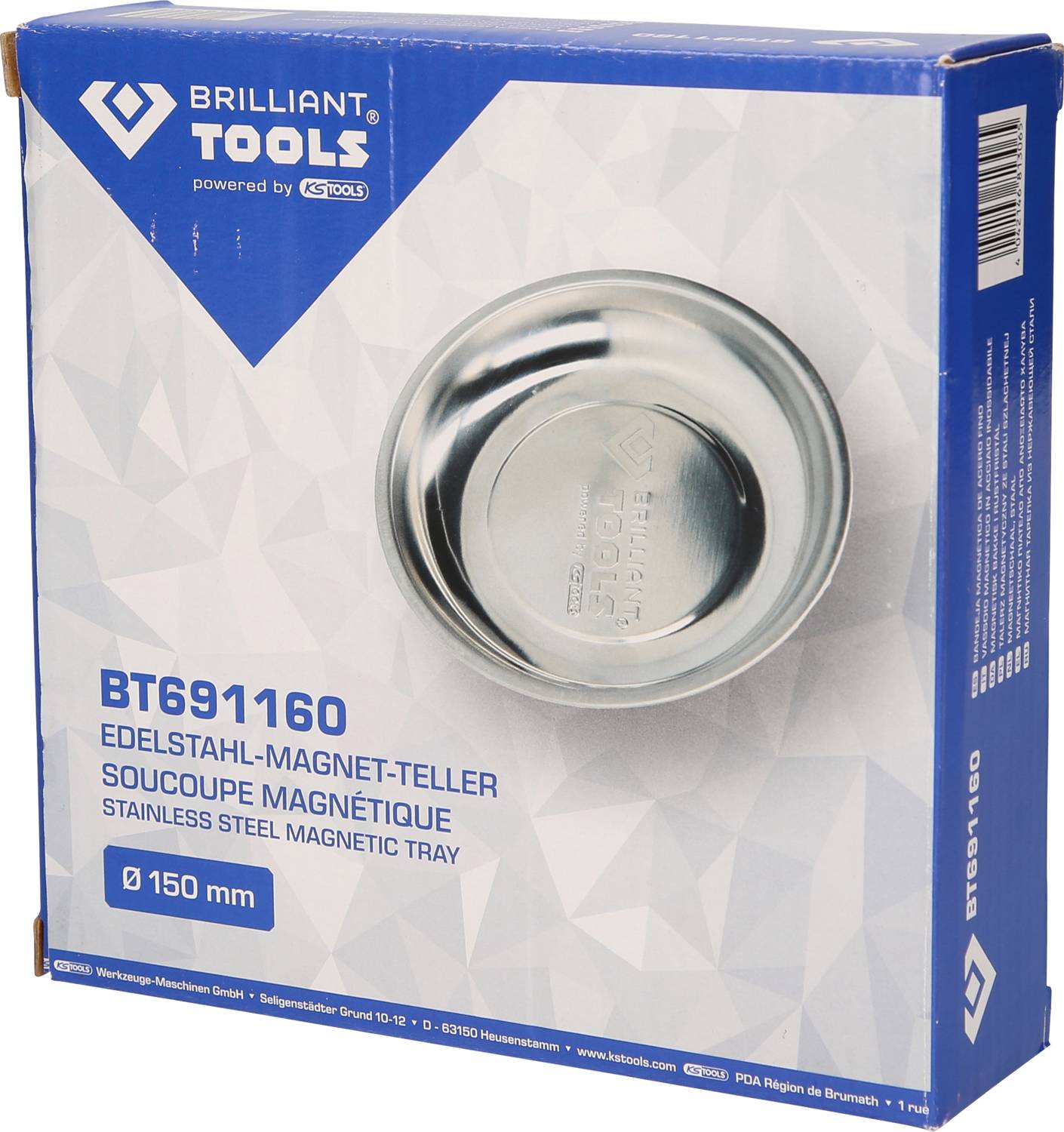 Obal pro 'Brilliant Tools' magnetický talíř z nerezové oceli, BT691160, 150 mm. Zobrazuje produkt a logo značky.