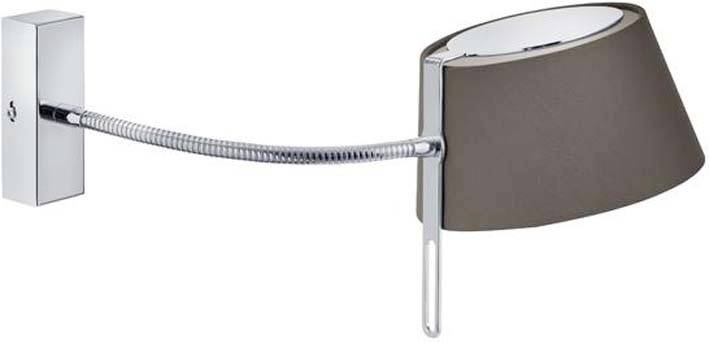 Moderní nástěnná lampa s ohebným ramenem a hnědým stínidlem, upevněná na obdélníkové kovové desce.