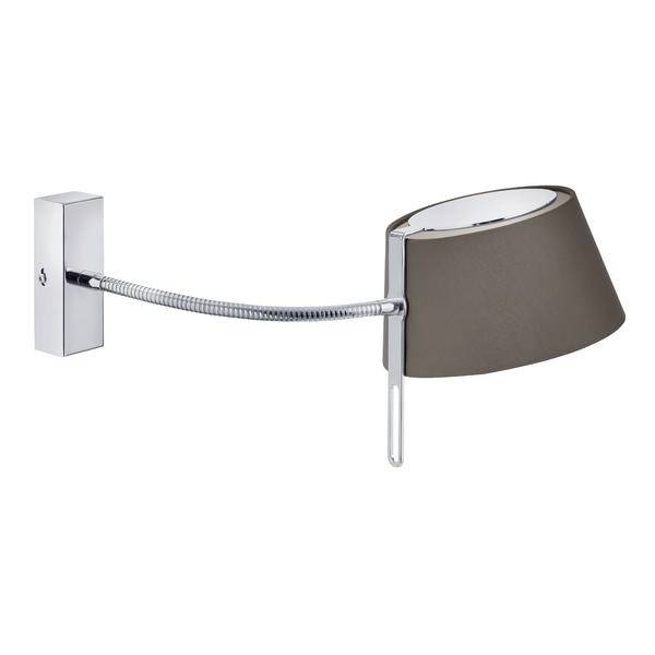 Nástěnná lampa s flexibilním ramenem a kovovým držákem. Stínidlo je hnědé, základna stříbrná. Ideální do čtenářských koutků.