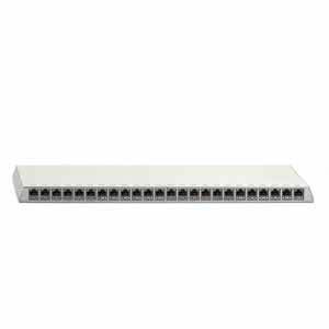 24portový patch panel pro síťové kabely, používaný k organizaci a správě ethernetových připojení v IT stojanech.