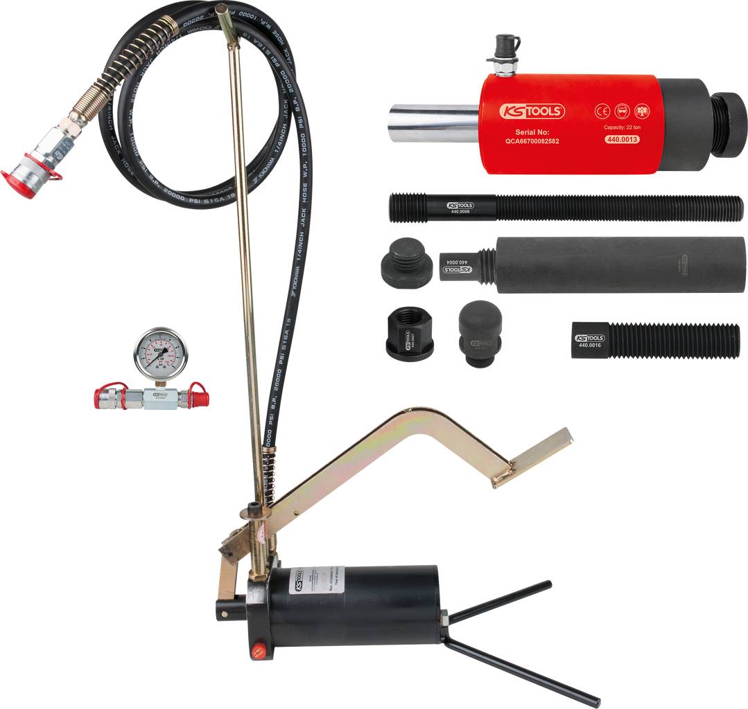 Hydraulická sada nástrojů s červenými a černými komponenty, včetně čerpadla, tlakoměru a adaptérů, určená pro zvedání nebo lisování.