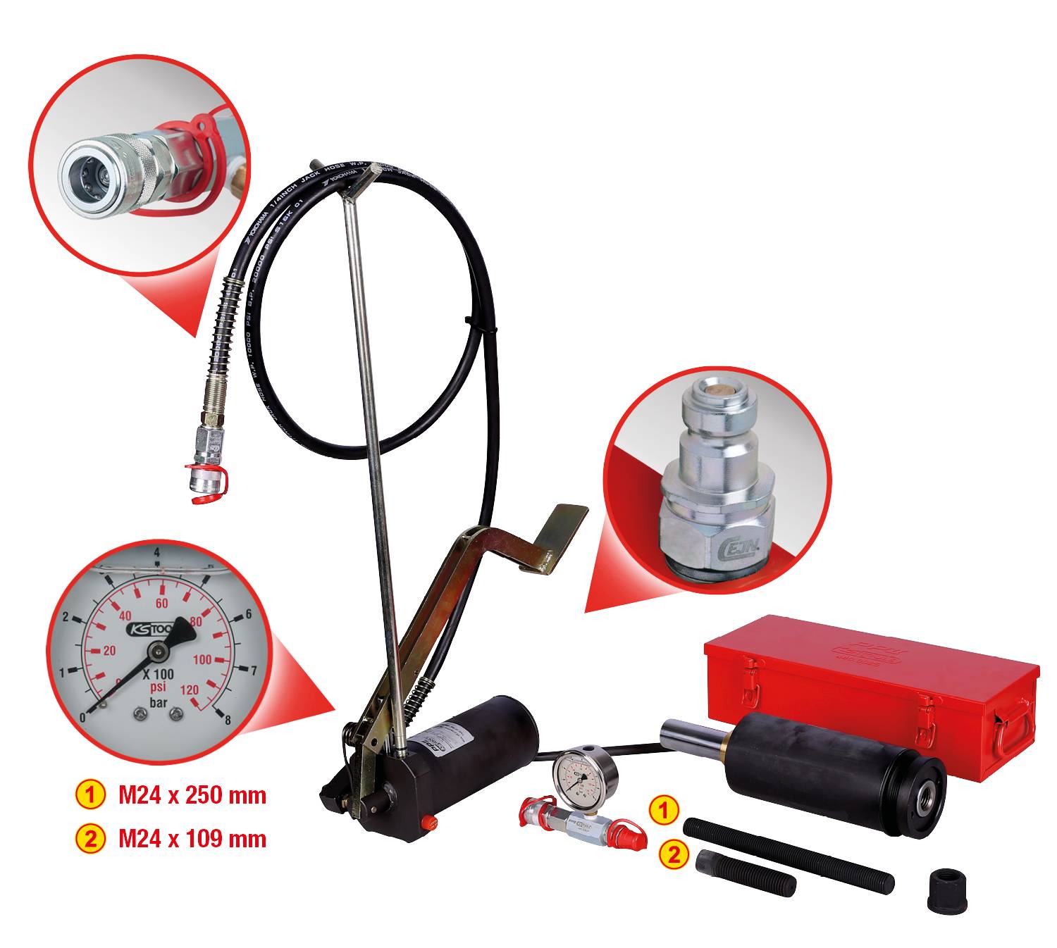 Hydraulická sada pump, skládající se z nožní pumpy, manometru, hadice a dvou válců (M24 x 250 mm, M24 x 109 mm), v červeném kufříku.