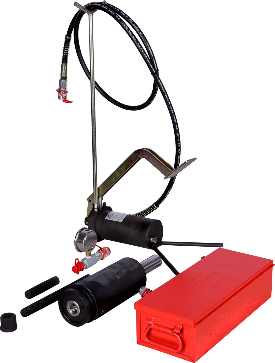 Hydraulický válec - sada nástrojů s pákou a červeným kovovým kufříkem. Ideální pro použití v dílně a technické opravy.