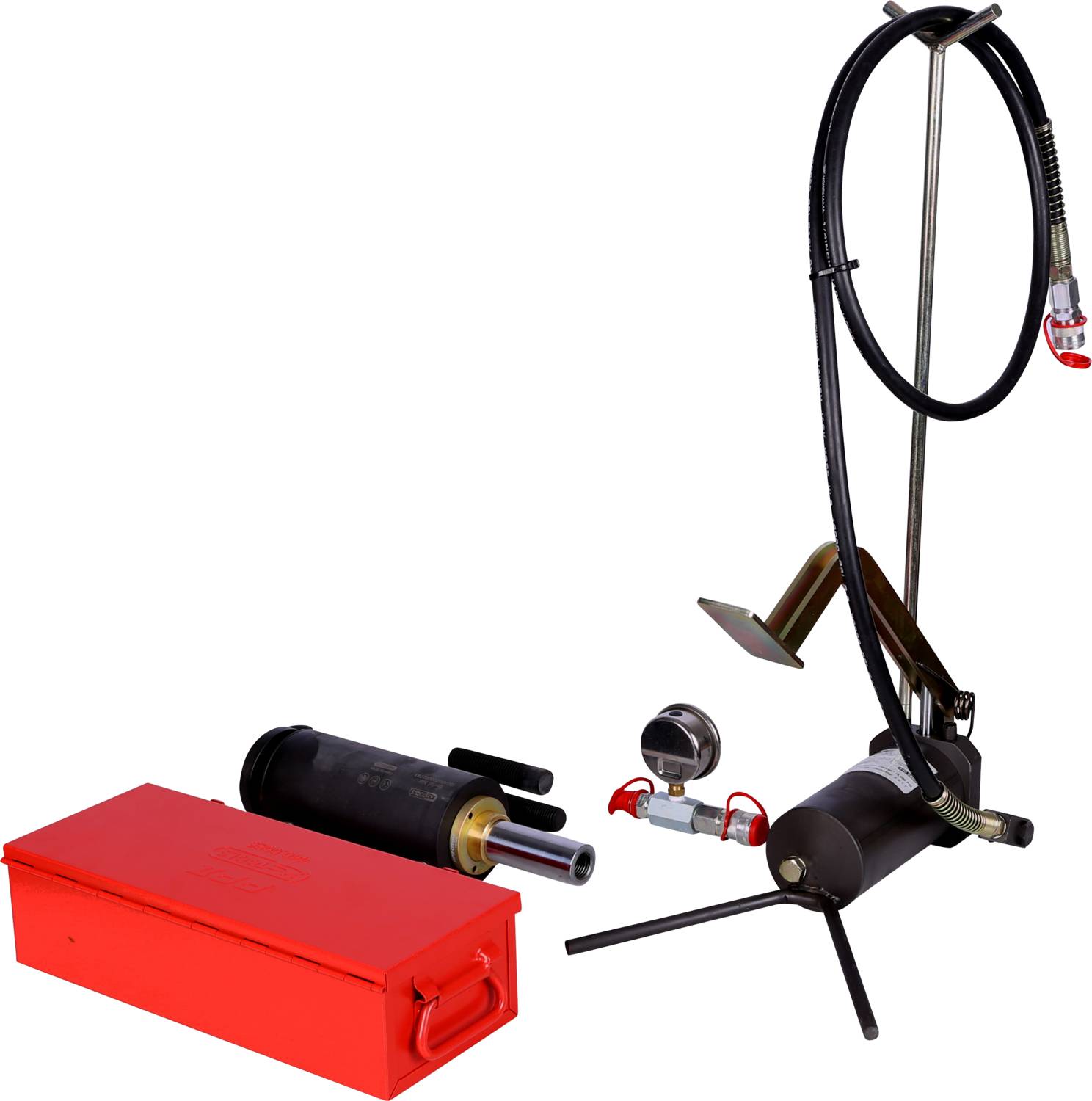 Nožní hydraulická pumpa s hadicí, manometrem a červeným úložným boxem, vhodná pro mobilní použití.