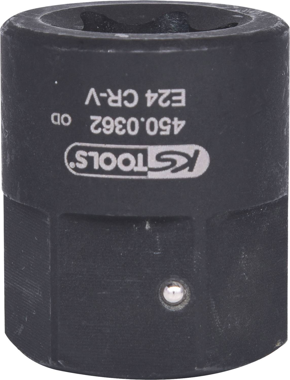 Černý nástrojový ořech s nápisem 'KS TOOLS E24 CR-V'. Má kulatý tvar a používá se pro mechanické aplikace.
