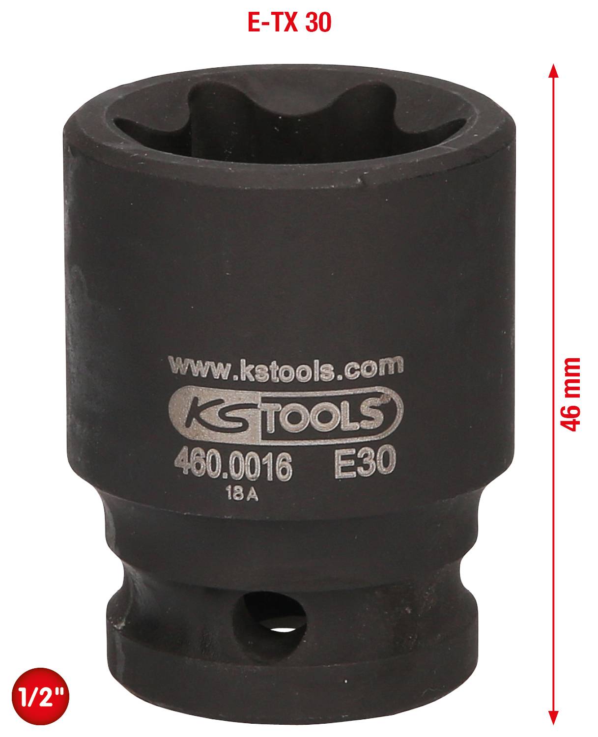 'E-TX 30', černý šestihranný nástavec, 46 mm vysoký, s označeními 'www.kstools.com', '460.0016', 'E30', připojení: 1/2 palce.