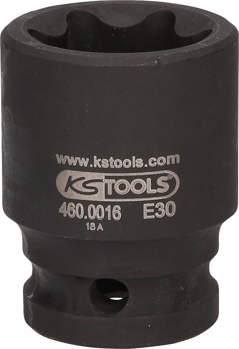 Černý nástrčný klíč s nápisem 'www.kstools.com KS TOOLS 460.0016 E30 18A'. Používá se k utahování nebo povolování matic.