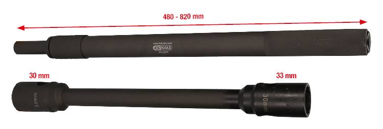 Dvě trubky různé délky. Horní trubka je dlouhá 480 až 820 mm, spodní má průměr 30 mm a 33 mm.