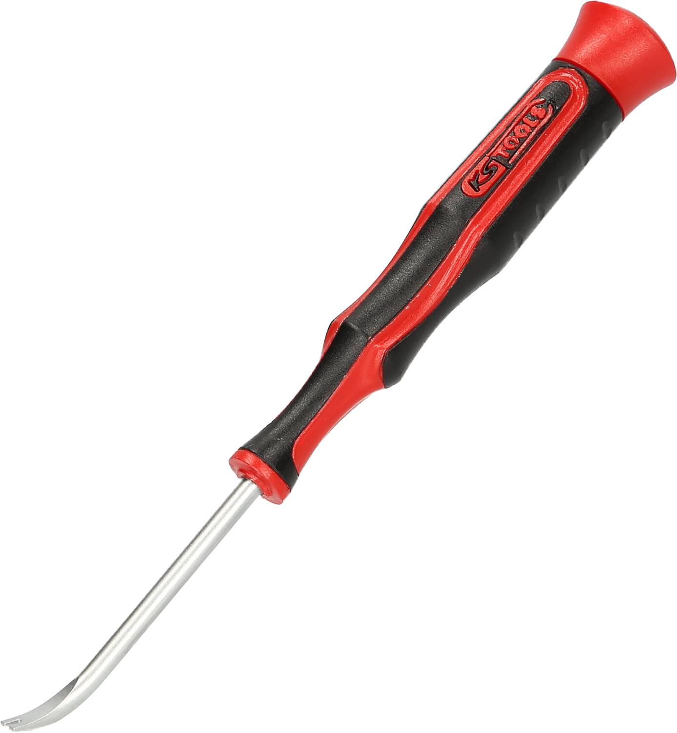 Červený a černý ruční hák s ergonomickou rukojetí a zahnutým kovovým hrotem, typický pro pákovací práce.