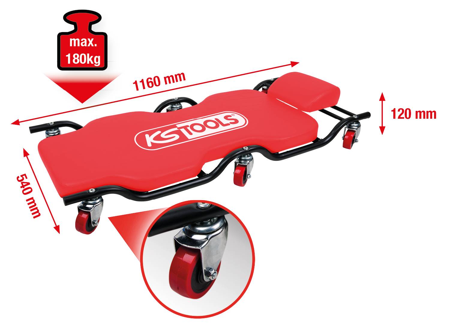 Červené montážní lehátko od KS Tools s šesti kolečky a maximální nosností 180 kg. Rozměry: 1160 mm x 540 mm x 120 mm.