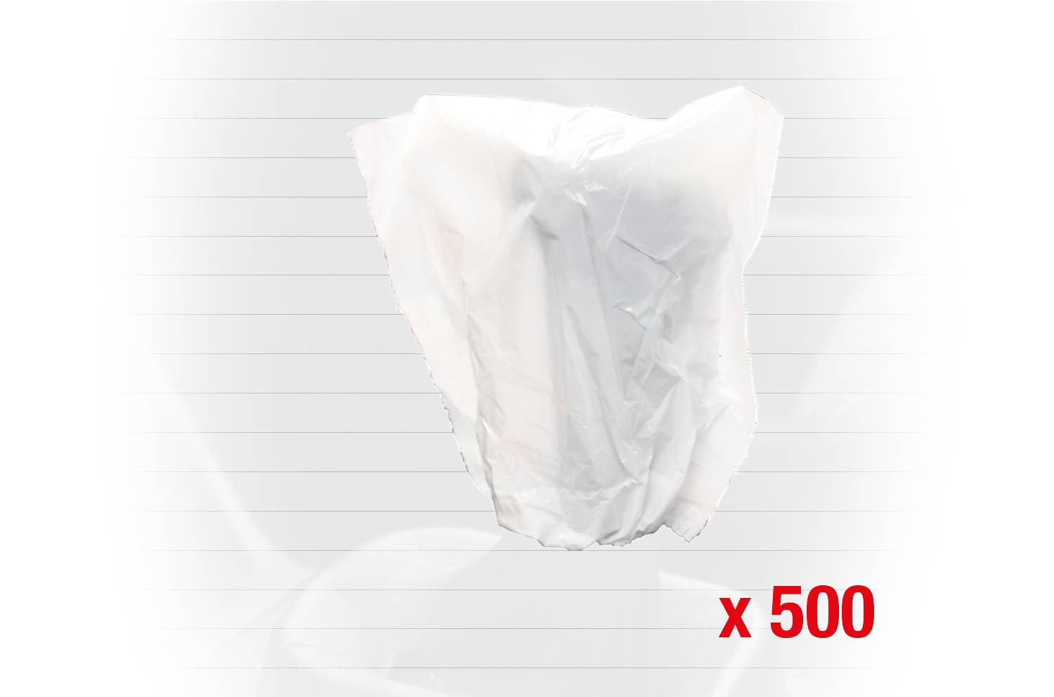 Bílý plastový předmět před světlým pozadím. Vpravo dole je napsáno 'x 500' červeným písmem, což poukazuje na množství.