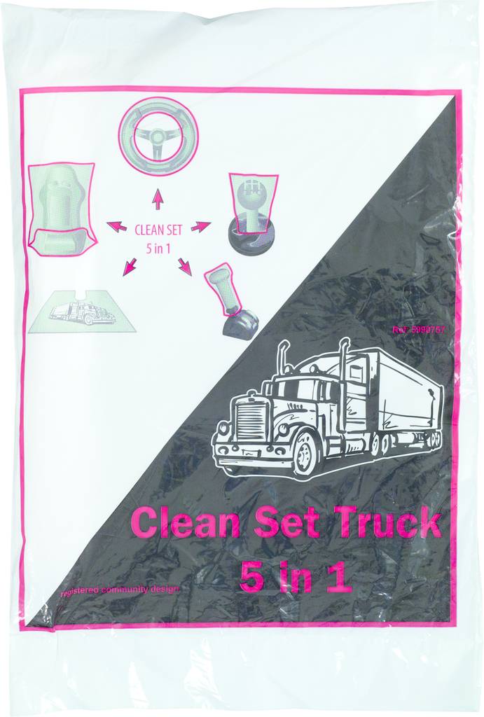 Plastová taška s potiskem nákladního automobilu a nápisem 'Clean Set Truck 5 v 1'. Obrázky znázorňují různé čisticí nástroje.