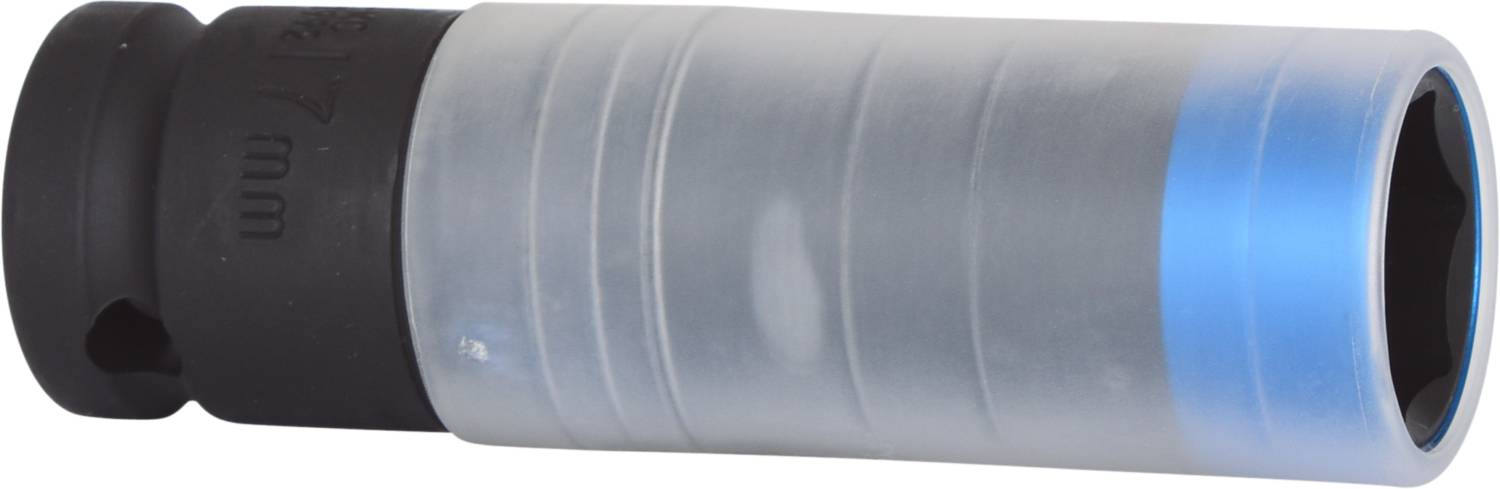 Nástrčný klíč s černým a modrým okrajem, válcovitého tvaru, vhodný pro automobily nebo stroje.