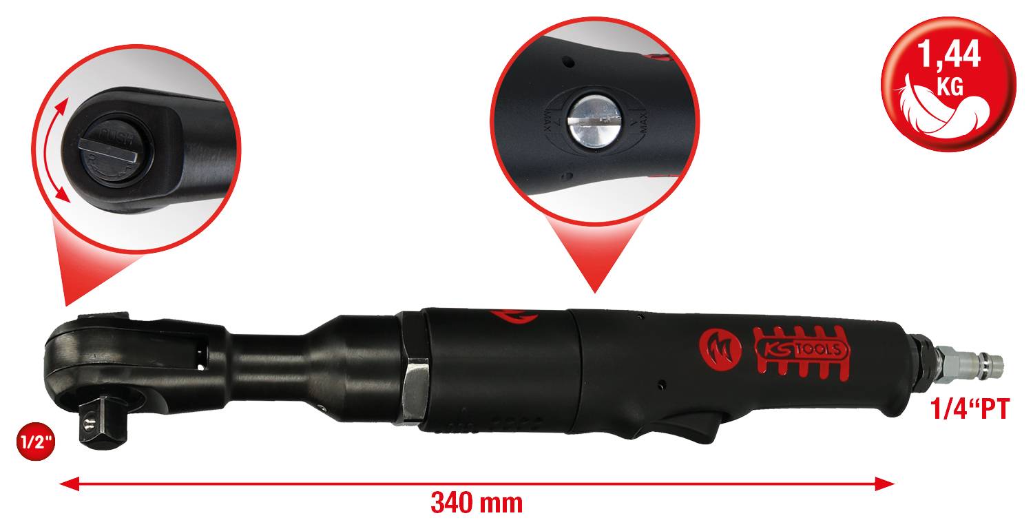 'Pneumatický ráčnový utahovák, 340 mm dlouhý, s 1/2" pohonem. Hmotnost: 1,44 kg. Obsahuje detailní záběry ovládacích a připojovacích prvků.'