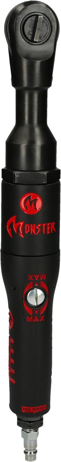 Černý pneumatický ráčnový šroubovák značky 'Monster', štíhlý design s červenými prvky, vhodný pro práce v dílně.