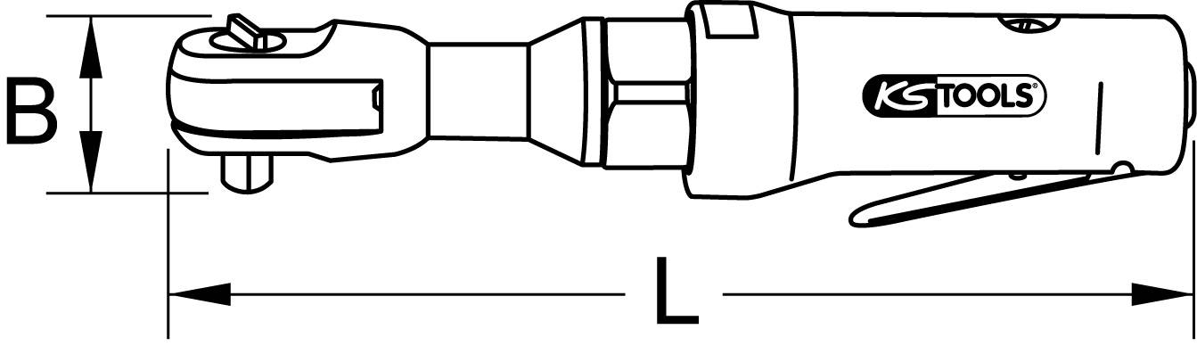 Nákres pneumatického rázového utahováku s rozměry 'L' a 'B', boční pohled, s logem 'KS Tools'.