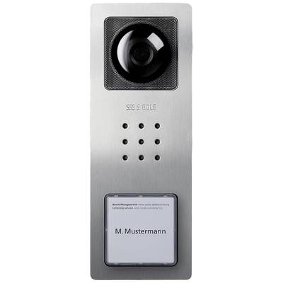 Obousměrné audiovizuální komunikační zařízení s kamerou a reproduktorem; popis: 'M. Mustermann'. Výrobce: SSS Siedle.