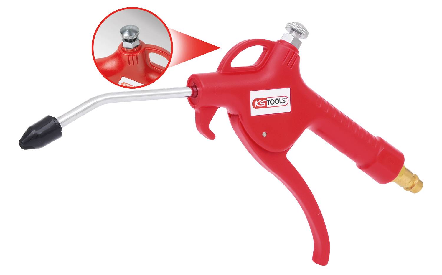 Červená pneumatická pistole od KS Tools s ergonomickou rukojetí a černou tryskou. Zvětšený pohled ukazuje detail trysky.