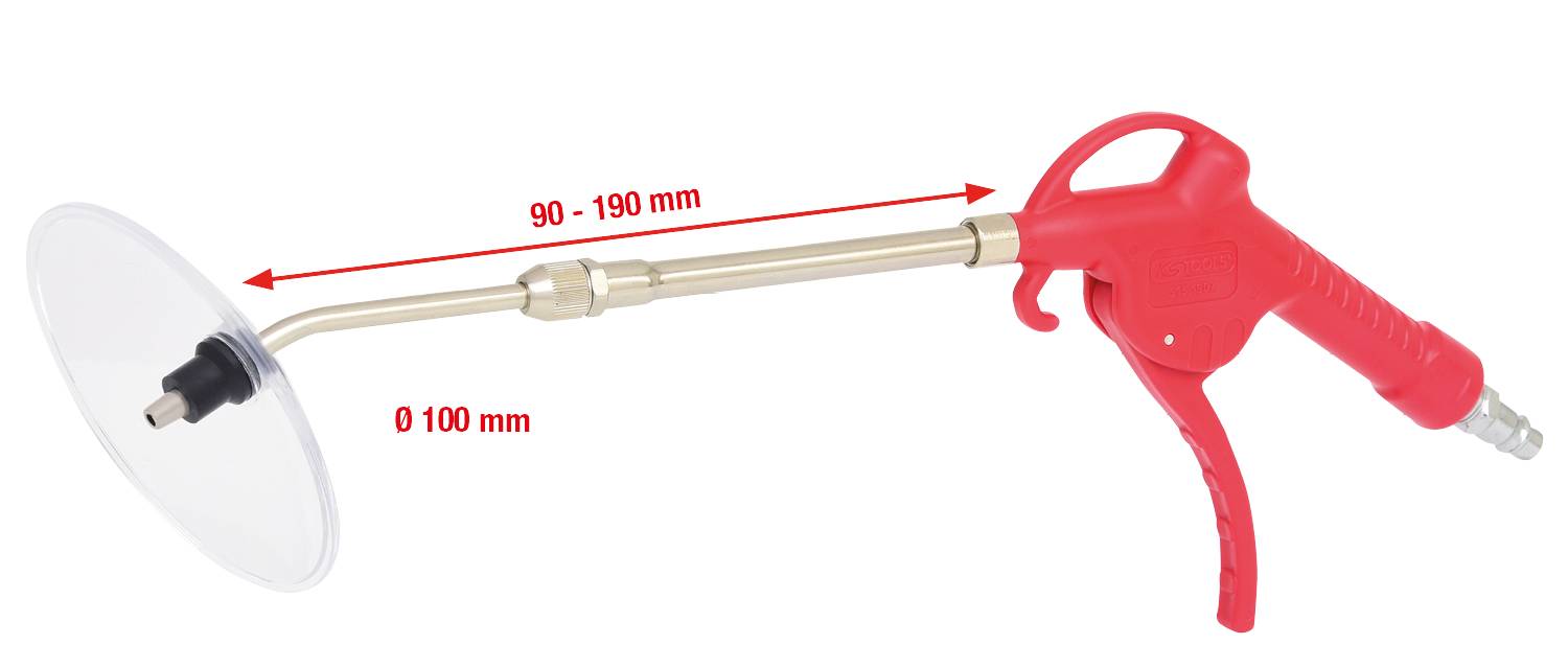 Ohýbačka trubek s červeným madlem, nastavitelná délka 90-190 mm, přísavka o průměru 100 mm na konci. Ideální pro přesné ohýbání.