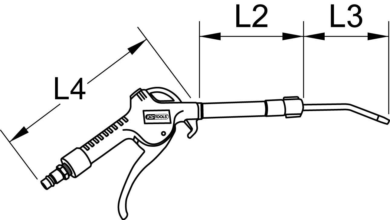 Diagram pneumatické pistole s vyznačenými úseky L2, L3 a L4 pro znázornění délkových měření.