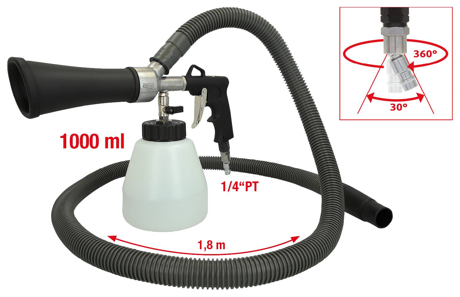 Tlaková vzduchová pistole s velkým hadicovým nástavcem a nádobou o objemu 1000 ml. Otočná přípojka (360°), vhodná pro čištění automobilů.