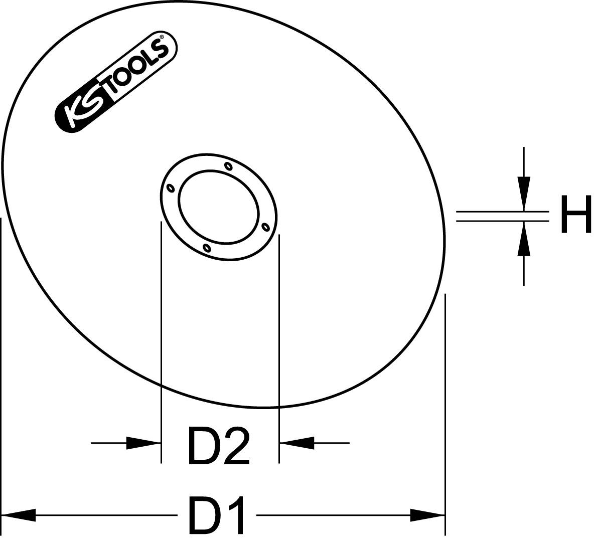 Diagram brusné kotouče s rozměry D1, D2 a výška H. Logo 'KS TOOLS' umístěné vlevo nahoře na kotouči.