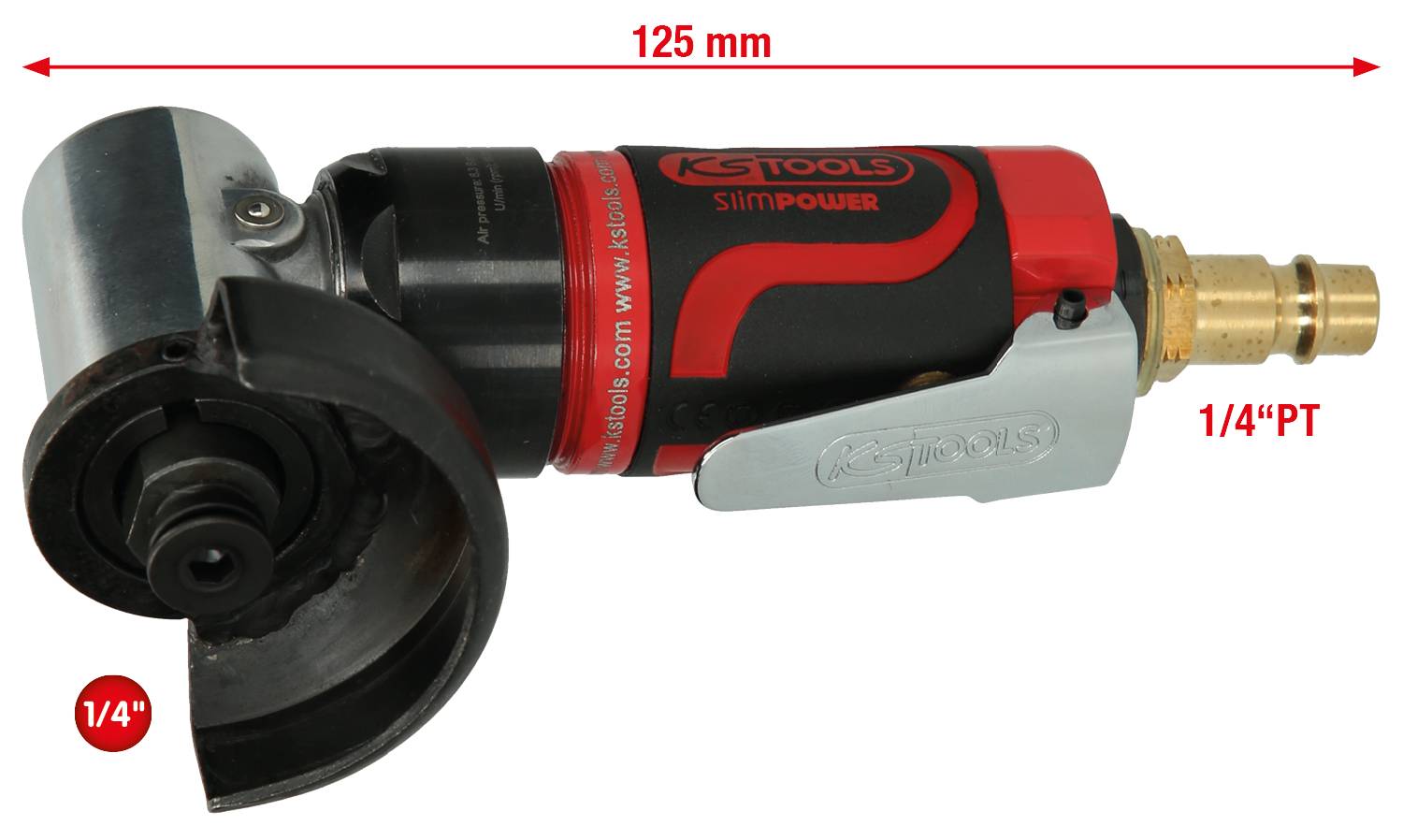 Pneumatická úhlová bruska KS Tools Slimpower, délka 125 mm. Obsahuje připojení: 1/4" a 1/4" PT.