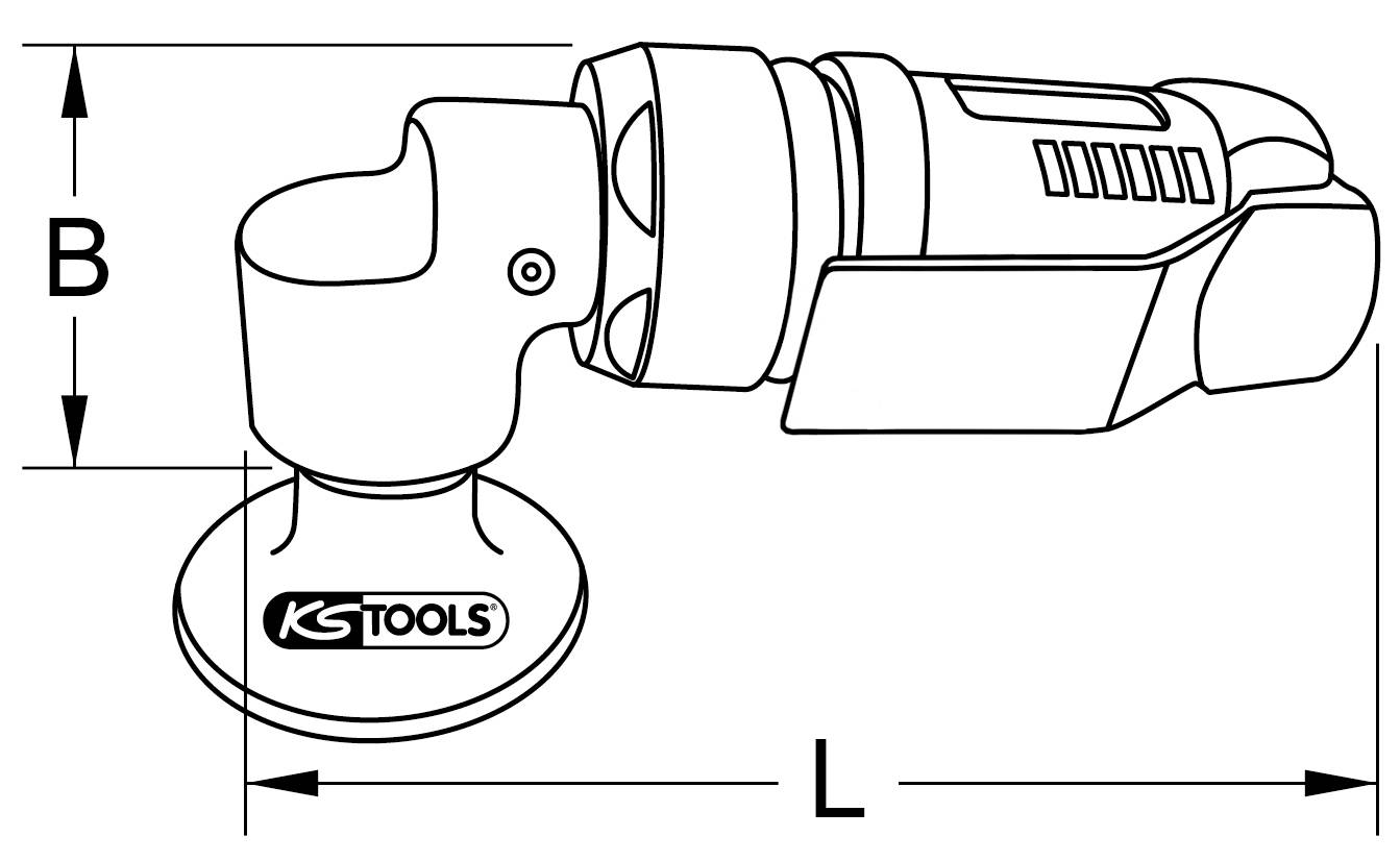 Diagram úhlové brusky 'KS Tools' s rozměry: výška B a délka L uvedené v boční perspektivě nástroje.