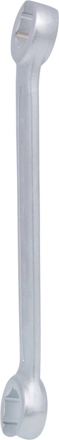 Stříbrný vidlicový klíč s otevřeným koncem a uzavřeným kruhovým zakončením. Nástroj určený k utahování matic a šroubů.