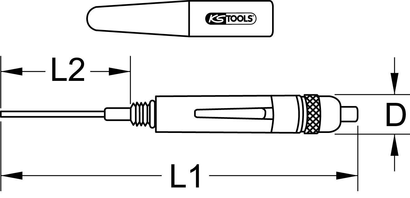 Technický výkres nástroje vypadajícího jako šroubovák s vyznačenými rozměry L1, L2 a D.