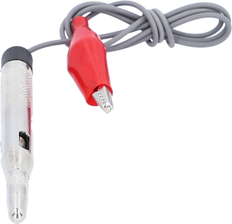 Stříbrný zkoušeč napětí s červenou krokosvorkou a šedým kabelem, používaný pro kontrolu elektrického napětí.