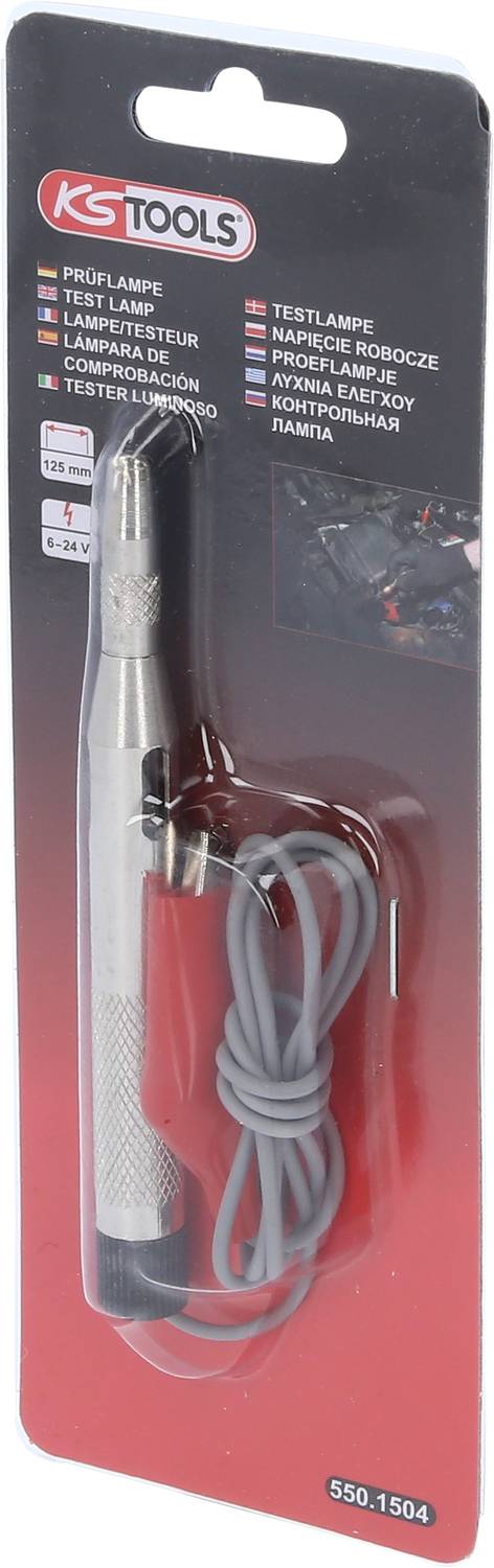 Zkušební lampa značky KS Tools, zobrazená v obalu. Nástroj pro testování elektrických obvodů. Vhodný pro aplikace s napětím 6-24V.