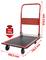Červený transportní vozík s černou ložnou plochou, 4 koly a rukojetí. Maximální nosnost 150 kg. Rozměry: 810 mm výška, 740 mm délka, 480 mm šířka.