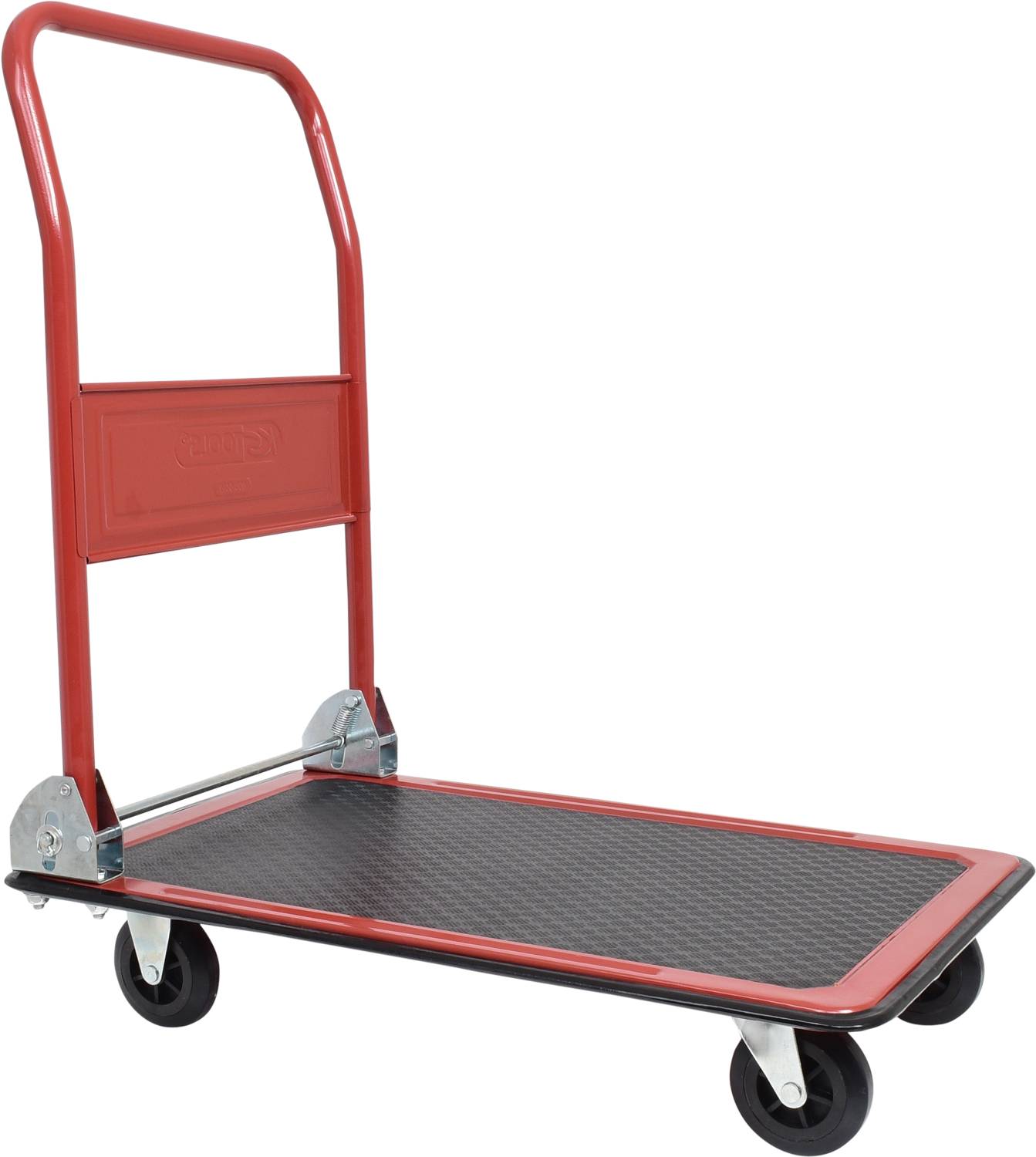 Červený plošinový vozík s černou ložnou plochou a čtyřmi koly, vhodný pro přepravu těžkých předmětů ve skladu nebo dílně.