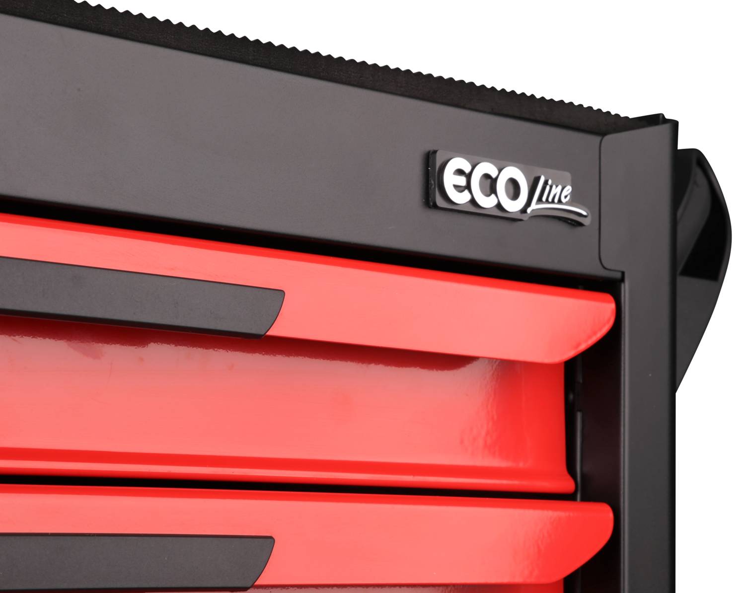 Červený regál do dílny s černým lemováním, vpravo nahoře logo 'ECO Line'.