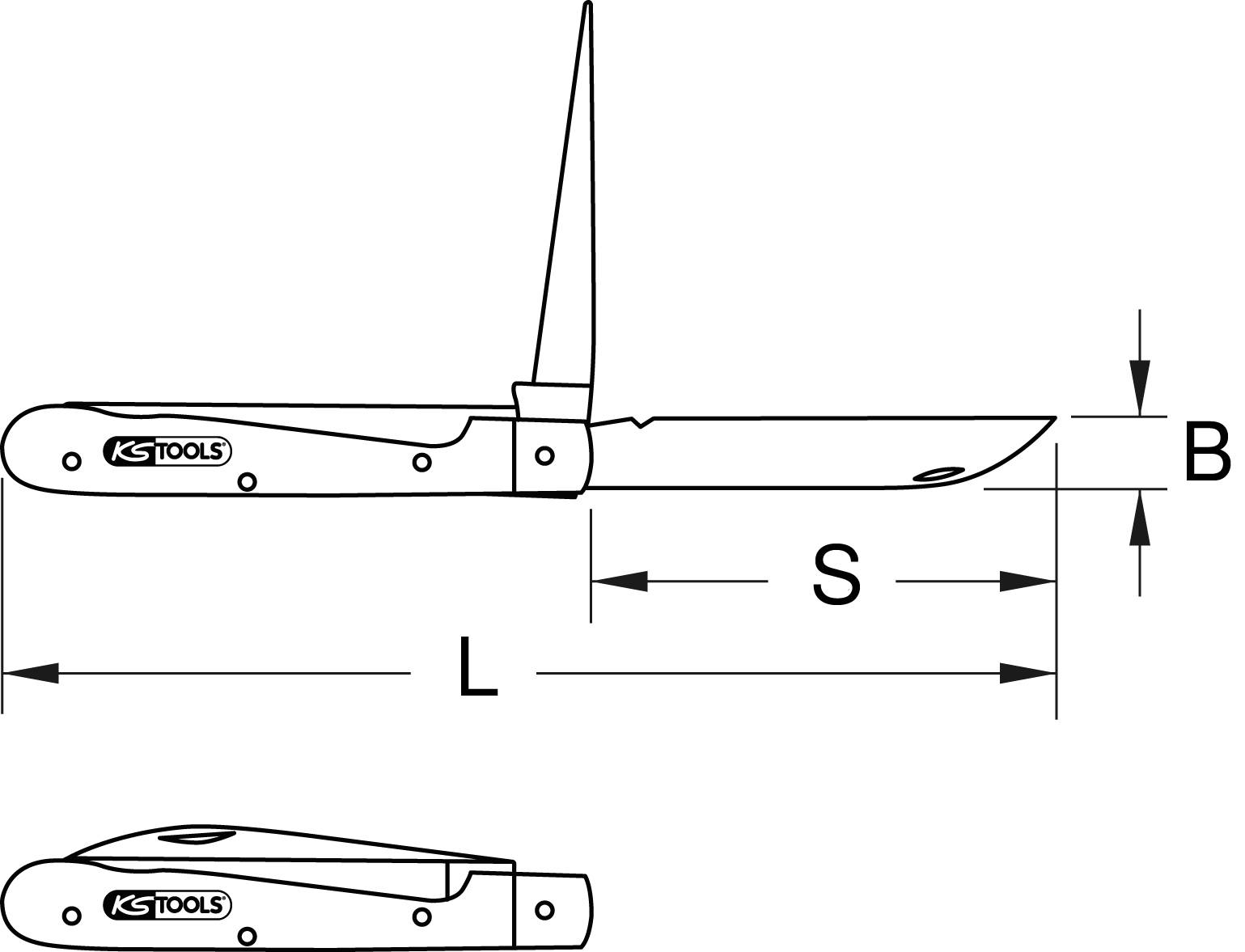 Obrázek kapesního nože s vyznačením rozměrů v centimetrech pro délku (L), výšku čepele (B) a délku čepele (S). Označení KS TOOLS.