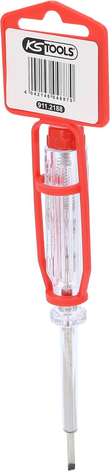 Elektrický zkoušeč napětí s průhlednou rukojetí a červeným držákem. Nahoře je štítek s čárovým kódem a nápisem 'KS Tools'.
