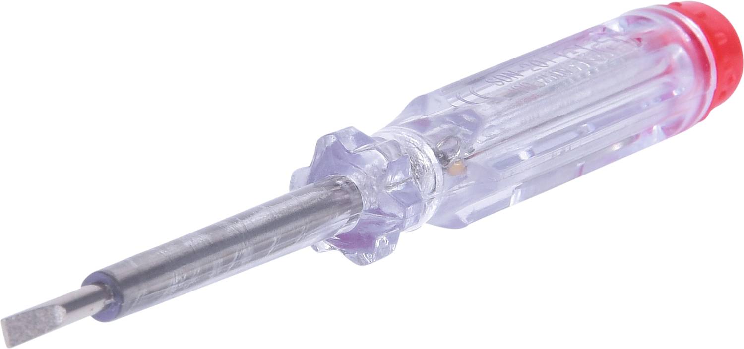 Transparentní zkoušečka napětí s červeným koncem v bezpečnostní zóně rukojeti, která ukazuje kovovou čepel pro kontrolu elektrického napětí.