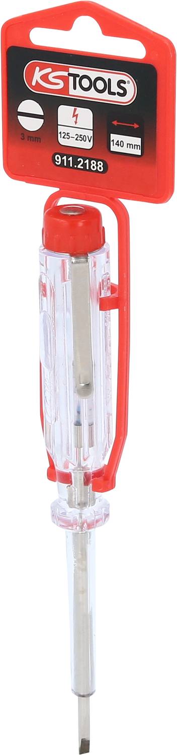 Zkoušečka napětí od KS Tools. Napětí: 125–250 V, délka: 140 mm. Průhledná rukojeť, červený hrot, vhodná pro elektrické zkoušky.