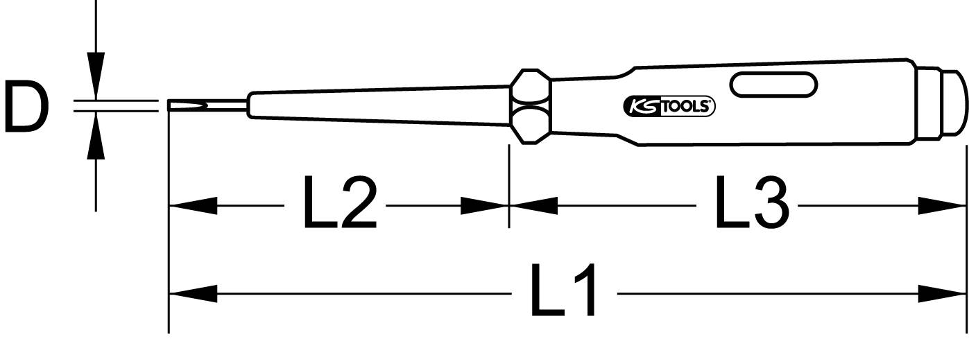 Diagram šroubováku s rozměry: rukojeť a čepel označené jako L1, L2, L3 a průměr D. Označeno 'KS Tools'.