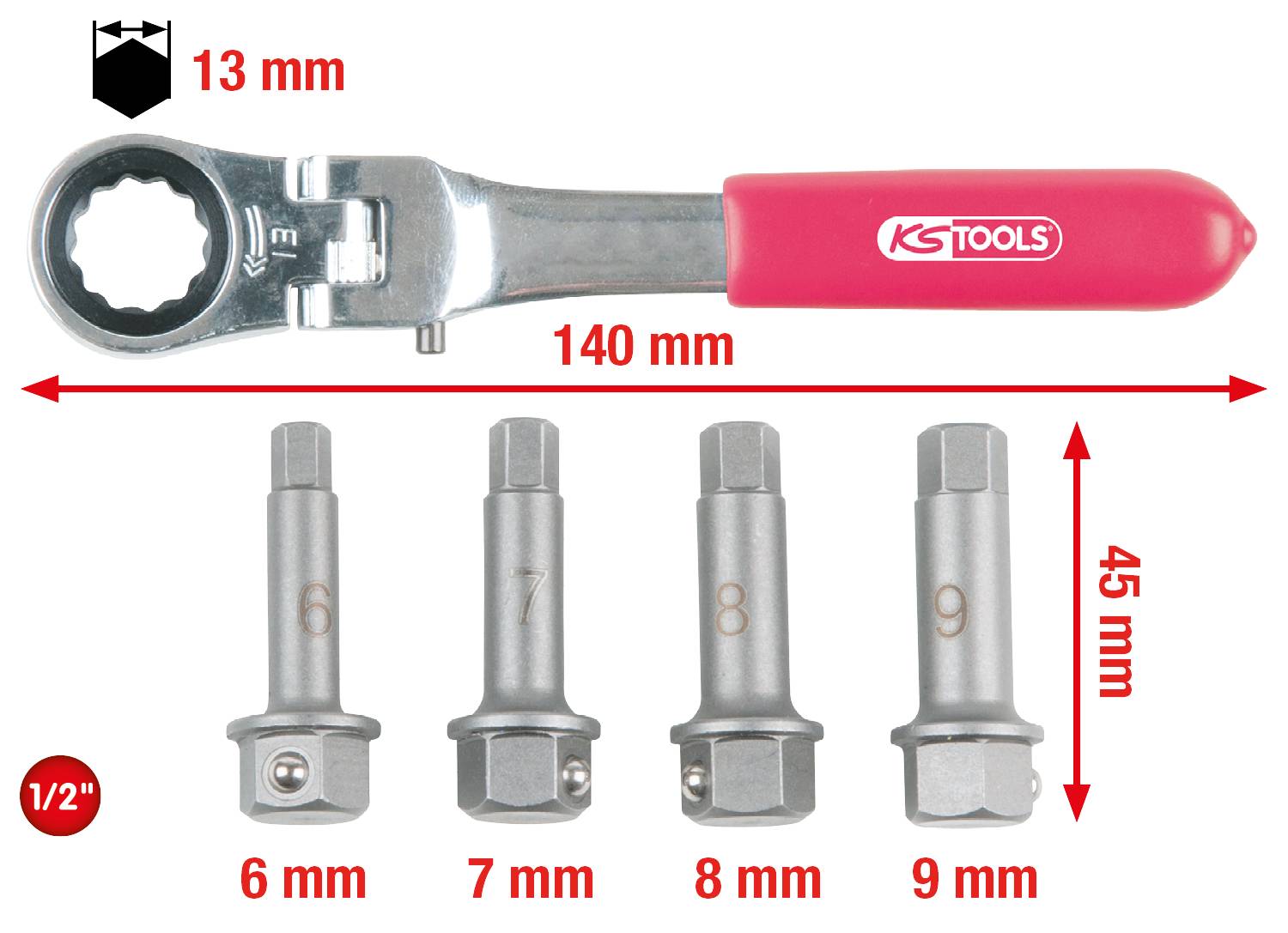 Ráčna s výměnnými nástavci klíčů velikostí 6, 7, 8, 9 mm. Délka ráčny: 140 mm, výška nástavců: 45 mm.