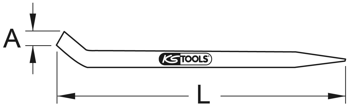 Diagram páky od KS Tools, znázorňující délku (L) a šířku čepele (A) s logem značky uprostřed.
