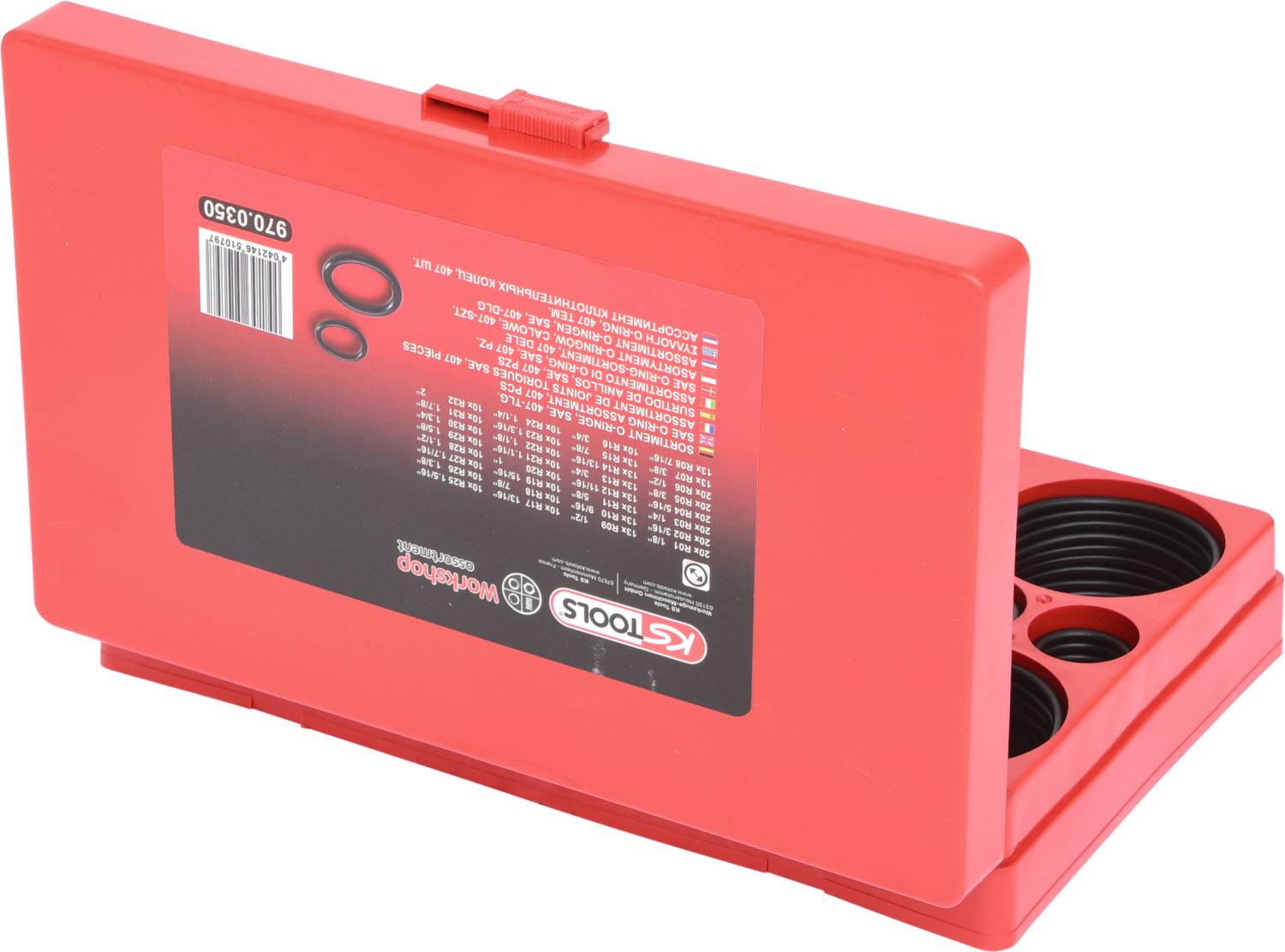Červený montážní kufřík s logem KS Tools, obsahující různé černé O-kroužky.