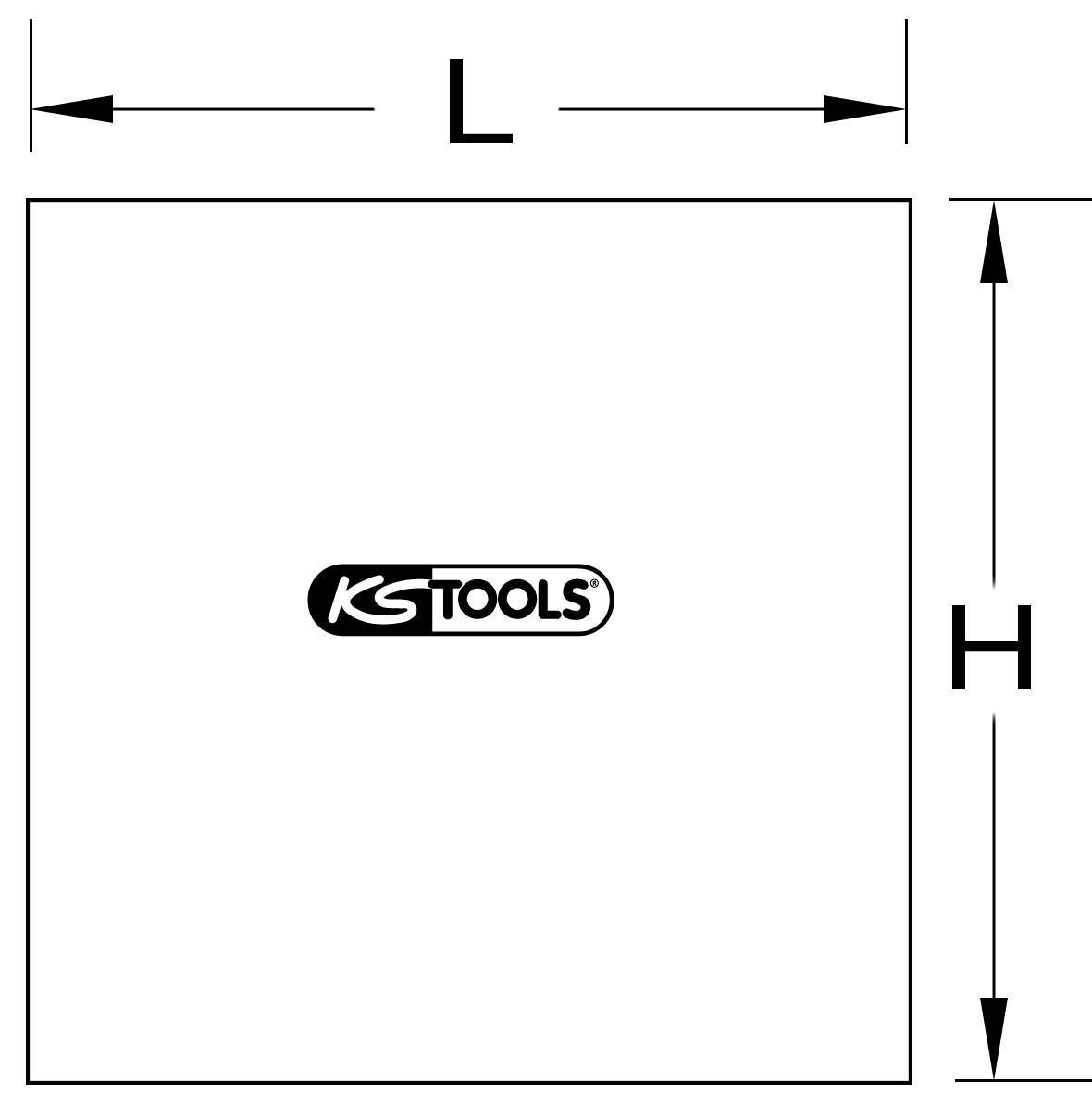Logo 'KS TOOLS' uprostřed čtvercového rámečku. Dva šipky ukazují šířku (L) a výšku (H) čtverce.