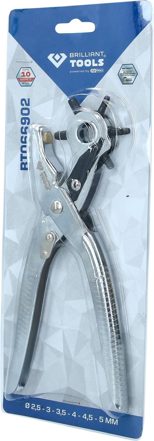 Děrovací kleště v plastovém obalu s logem 'Brilliant Tools', velikosti 2,5 až 5 mm, stříbrná barva, páková rukojeť.