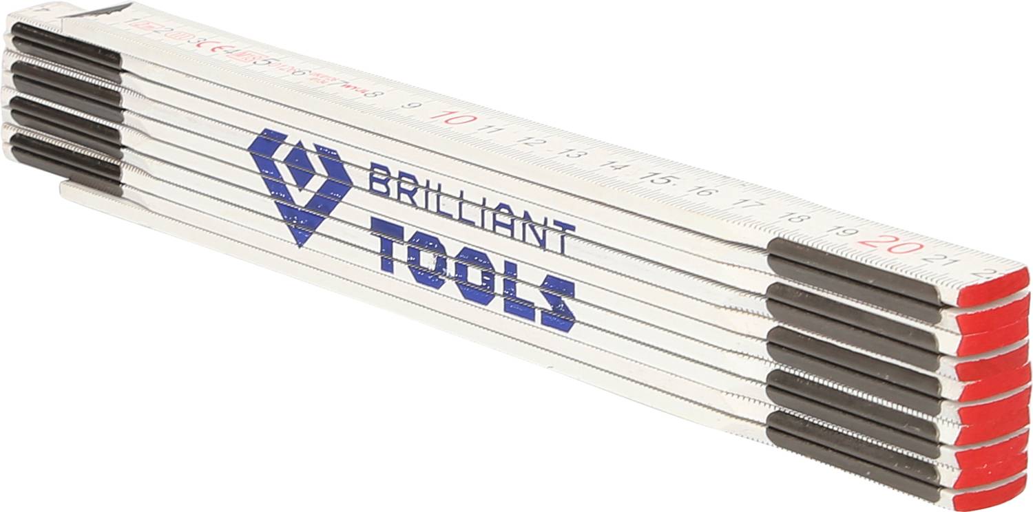 Skládací metr s modrými a červenými značkami na bílém pozadí, zobrazující logo 'Brilliant Tools'.