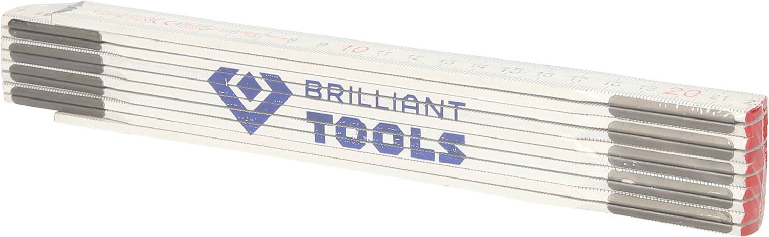 Složený bílý skládací metr s modrým logem 'Brilliant Tools' na přední straně.